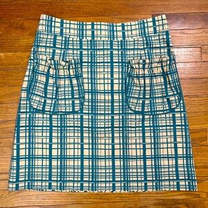 Anthropologie Girls from Savoy Green Tan Above Knee Plaid Pocket Skirt Sz 8